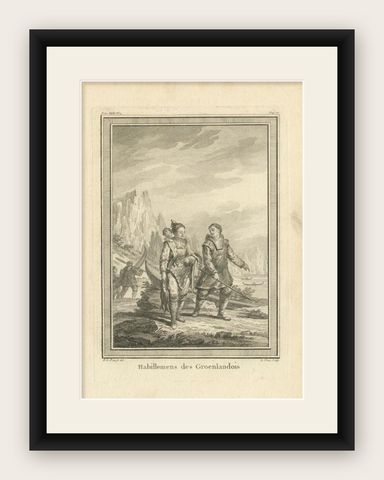 18th Century Antique Print of Greenlander's Traditional Clothing, shown framed