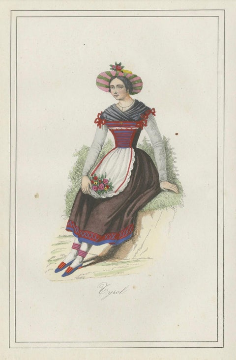 Tyrolean Woman Costume Print, Antique Hand-Colored Lithograph, 1854, close-up 5