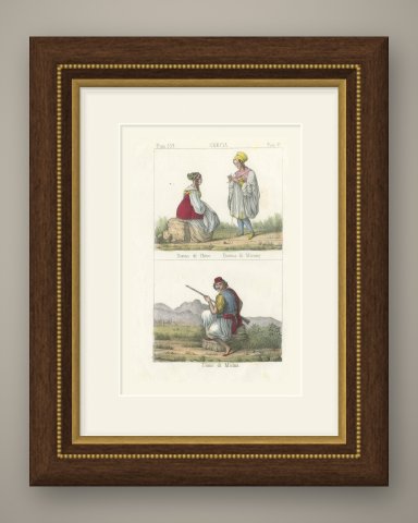 Women of Chios and Mykonos and a Man of Mani, Hand Colored Lithograph, 1842, shown framed