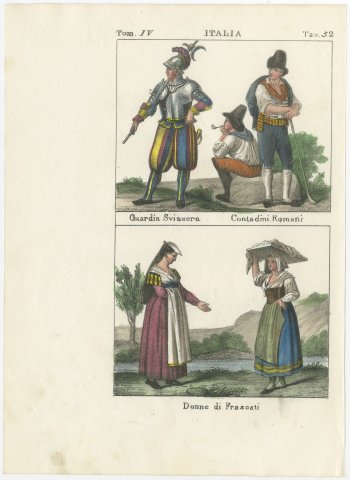 Swiss Guard, Roman Peasants and Women of Frascati, Hand Colored Lithograph, 1842, view 2