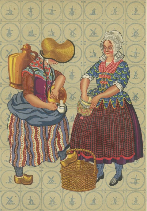 Early 19th c. Brabant Milkmaid & Townswoman in Folk Dress, Published in 1932, close-up 4