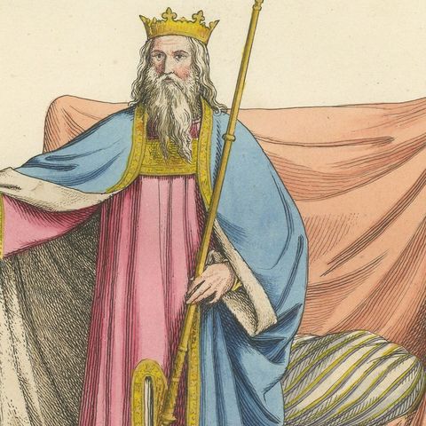 Antique 1845 Hand-Colored Print of a Medieval King in Regal Robes with Scepter, close-up 5