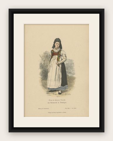 Antique Costume Print of a Woman from Brotterode 'Thuringia' in Germany, 1880, shown framed