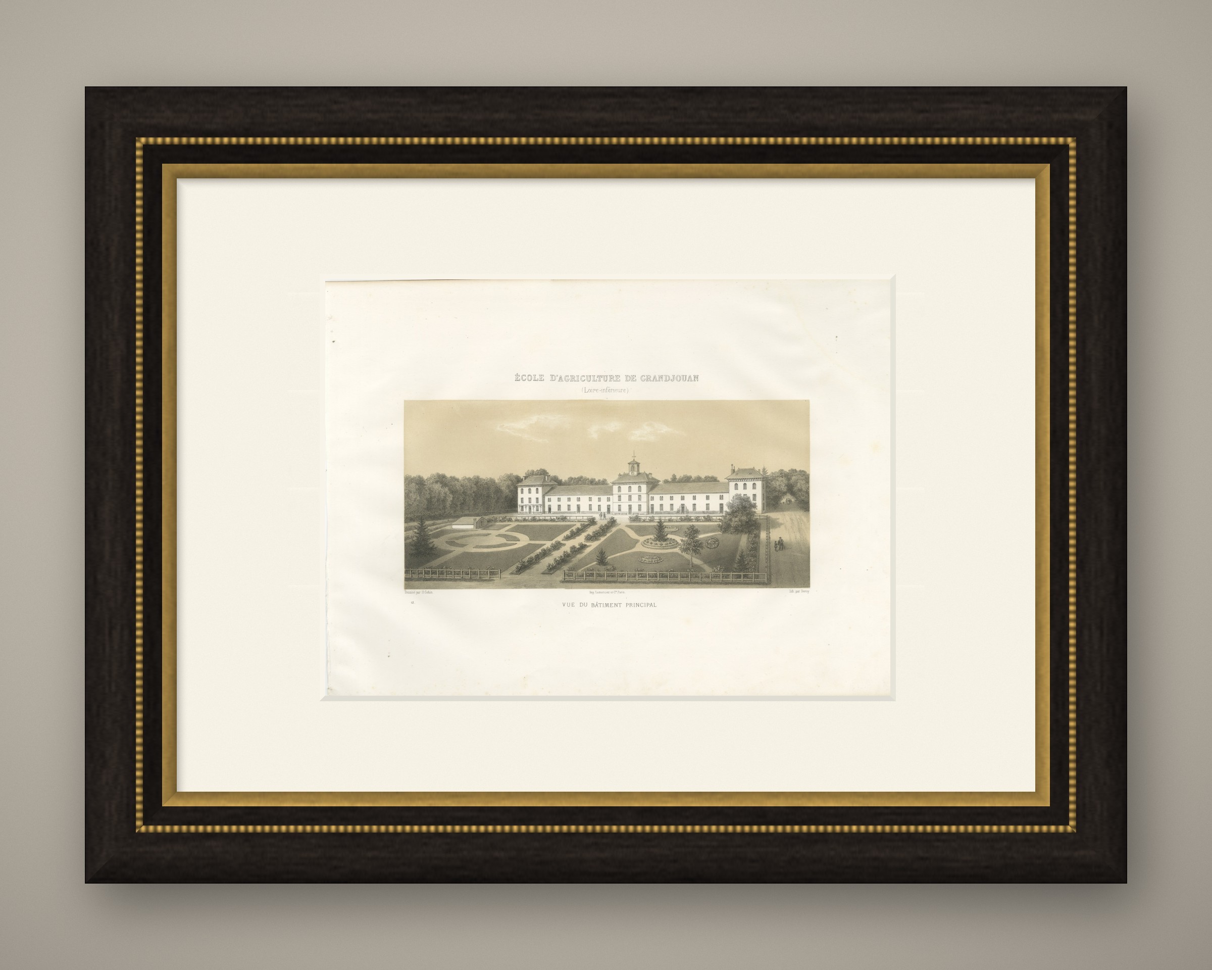 Grandjouan Agricultural School, Antique French School Print, 1873, shown framed