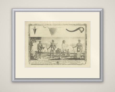 Indians of North America, Dress and Weapons, Millar Geography Engraving, c.1782, shown framed