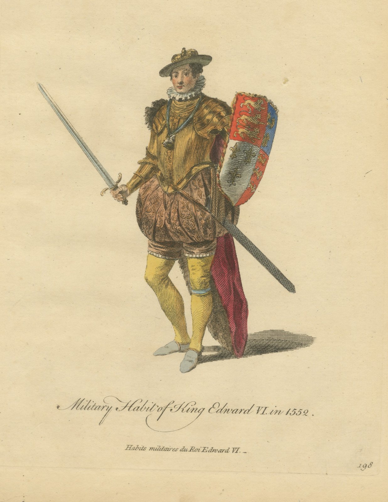 Military Habit of King Edward VI in 1552, Sword and Shield, Jefferys Plate, 1757
