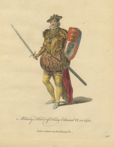 Military Habit of King Edward VI in 1552, Sword and Shield, Jefferys Plate, 1757