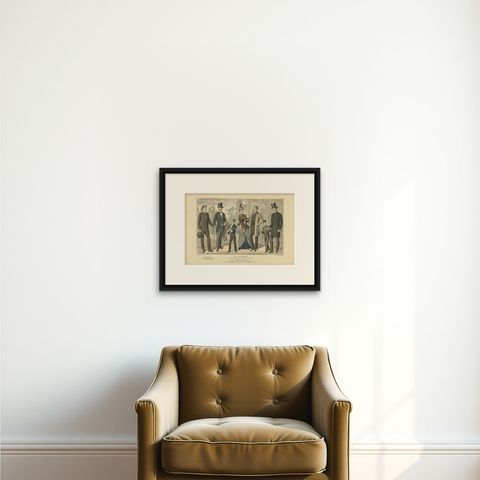 Antique Fashion Print, 1887, shown framed on a wall