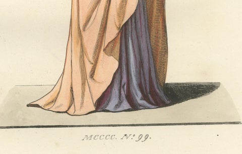 Medieval Costume Print 1845, Noblewoman in Peach and Lavender Robes, close-up 1