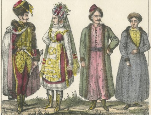 Hungarian Gentlemen, a Hungarian Bridal Couple and Wallachians, 1842, close-up 2