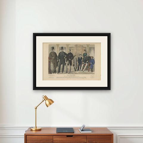Decorative Antique Fashion Print, 1878, shown framed on a wall