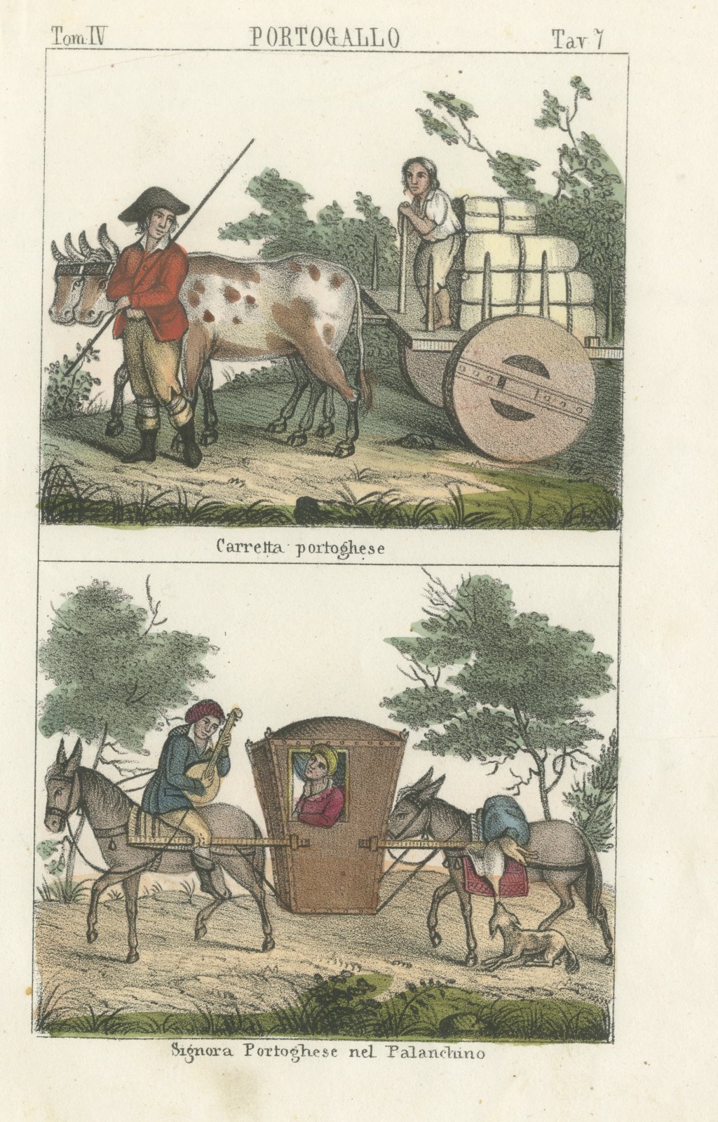 Portuguese Ox Cart and a Lady in a Palanquin, Hand Colored Lithograph, 1842