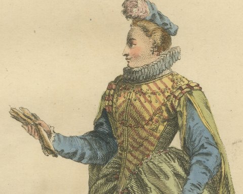 Another Lady of Quality in France in 1581, Hand Colored Costume Plate, 1757, close-up 2