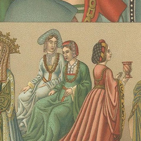 Pl. 43 Antique Print of European 15th-16th Century Costumes, Racinet, circa 1880, close-up 2
