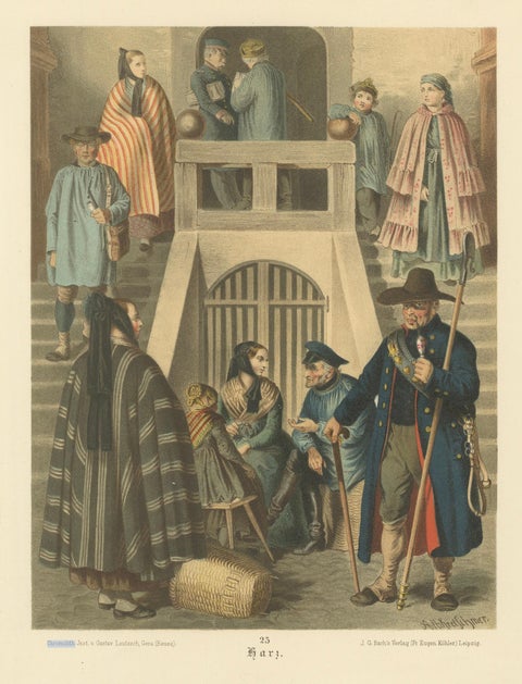 Harz Folk Costumes Chromolithograph Print, Village Scene, c.1875, close-up 1
