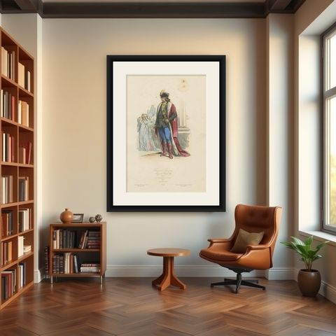 Antique French Costume Print of a Baron and Baroness in Medieval Attire, ca.1860, shown framed in a room