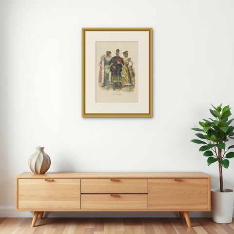 Oriental Carnival Costume Scene, “Faschingsfreuden” by Edward Cucuel, c. 1900, shown framed on a wall