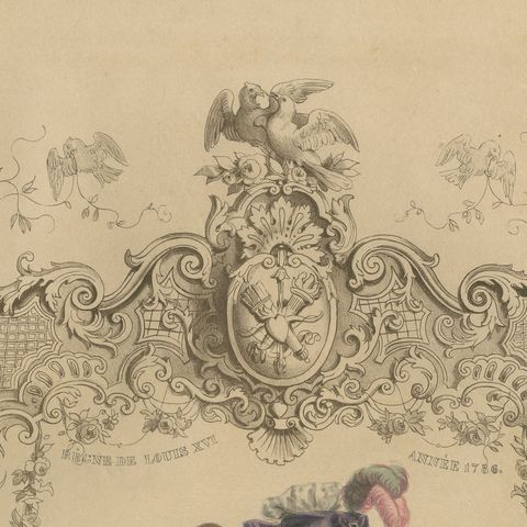 Louis XVI French Rococo Court Costume Lithograph, 1778, Published 1847, close-up 1