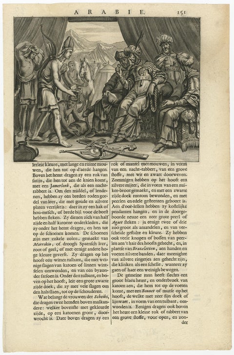 Old Original Print Showing Arab People with Weapons Receiving Gifts, Ca.1680, view 2