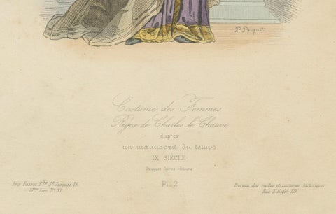 Antique Hand-Colored Fashion Print of a 9th Century Carolingian Lady, circa 1860, close-up 2