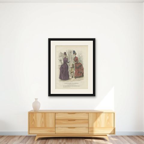 French Fashion Print, Tartan Dress & Child at Zoo, Hand-Colored, c.1887, shown framed on a wall