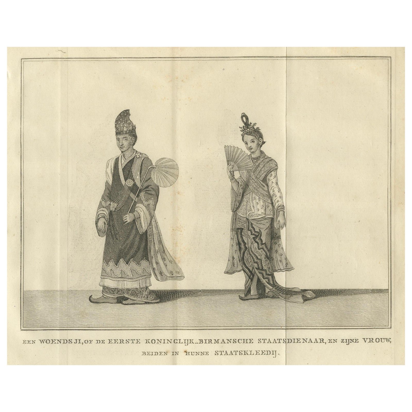 Royal Burmese Official & His Wife in State Attire, Antique Costume Print, c1800