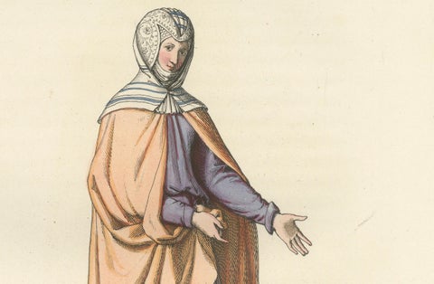 Medieval Costume Print 1845, Noblewoman in Peach and Lavender Robes, close-up 2