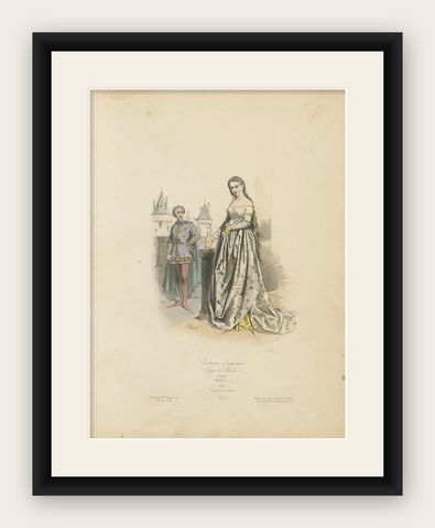 Antique French Print of Courtly Fashion, Reign of Charles V, circa 1860, shown framed