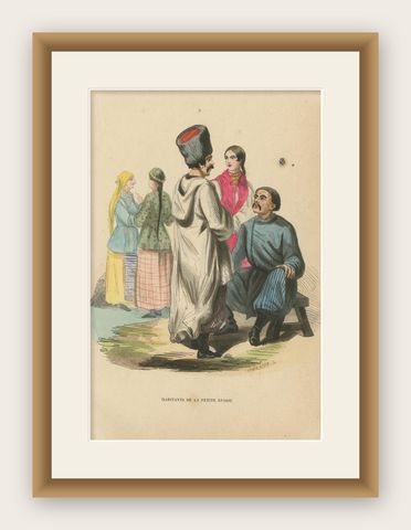 Antique Costume Print of Inhabitants of Little Russia by Wahlen, 1843, shown framed