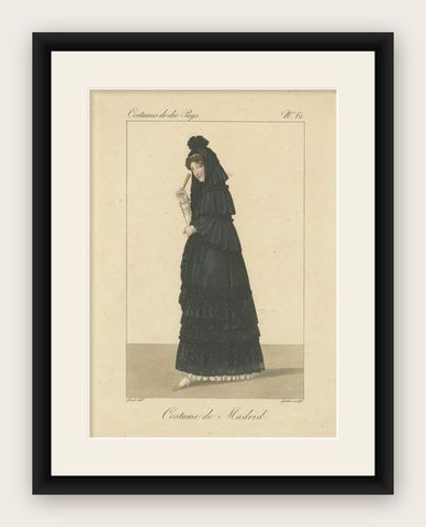 Woman in Traditional Madrid Dress, Hand-Colored Engraving, c.1820, shown framed