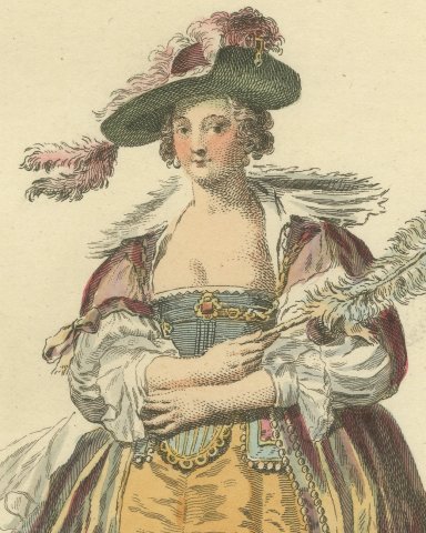 Wife of Rubens in 1620 with a Feather Fan, Jefferys Costume Plate, 1757, close-up 1
