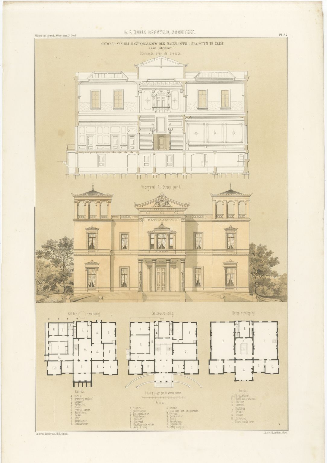 Ultrajectum Office Building, Zeist, Dutch Architecture Print, Leliman, 1865-1866