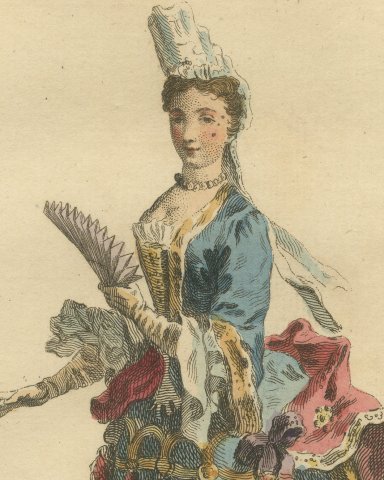 Mademoiselle de Chartres in 1700 in Court Dress, Jefferys Costume Plate, 1757, close-up 1