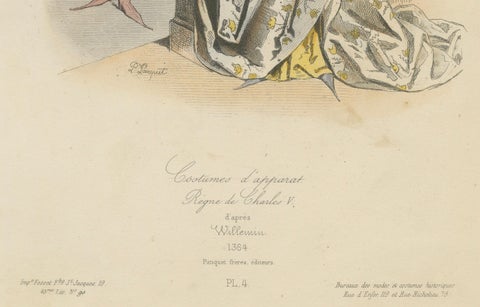 Antique French Print of Courtly Fashion, Reign of Charles V, circa 1860, close-up 1