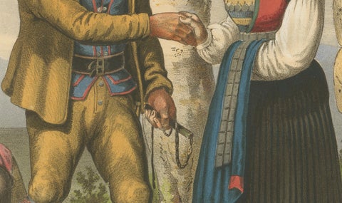 Norwegian Country Attire, Vos Folk Dress, Antique Chromolithograph, c.1860, close-up 3