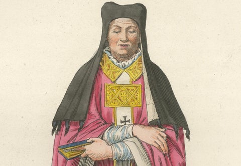 Religious Costume c.1400, Antique 1845 Print of Ecclesiastical Figure, close-up 4