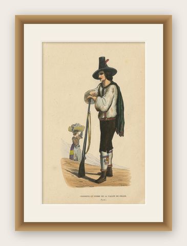 Antique Costume Print of Hunter in the Ziller Valley by Wahlen '1843', shown framed