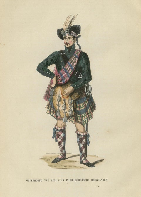 Scottish Highland Clan Chief - Antique Costume Lithograph, c.1852, close-up 1