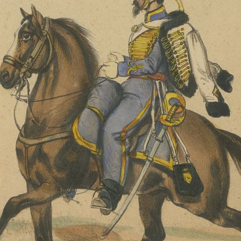 Spanish Cavalry Lithograph by José Rubio y Villegas: Princess Hussars, 1861, close-up 1