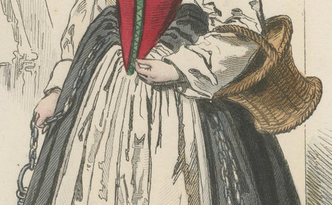 Antique French Costume Print of a Servant in Medieval Dress, 19th Century, close-up 2