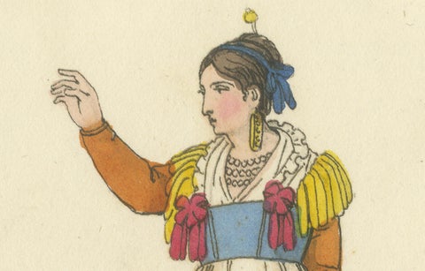 Italian Costume Print: Expressive Gestures of Women, Hand-Colored, 1820s, close-up 1