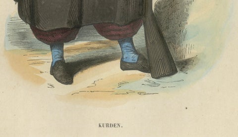 Antique Kurdish Warrior Print, Hand-Colored Ottoman Costume Lithograph, 1852, close-up 3