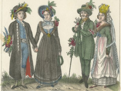 Austrian Peasants, Vienna Burgher and Bridal Couples of Austria and Styria, 1842, close-up 2