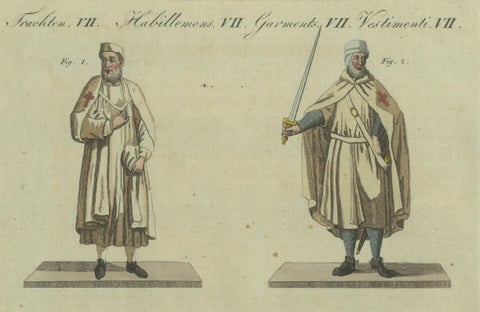 Knights Templar and Clergy: Hand-Colored Engraving of Historical Attire (1805), close-up 3