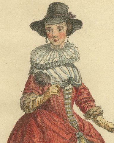 Lady Mayoress of London in 1640, Ruff and Red Gown, Jefferys Costume Print, 1757, close-up 1