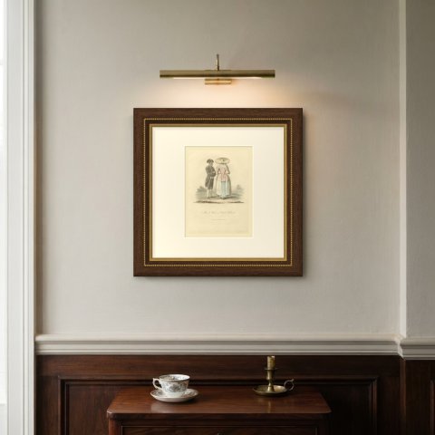Man and Woman of North Holland, Antique Ackermann Costume Print, 1817, shown framed on a wall