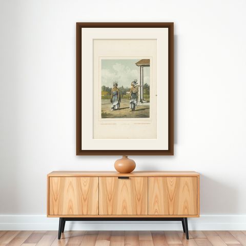 Antique Print of Indonesian Children dressed up as Dancers, Van Pers circa 1850, shown framed on a wall