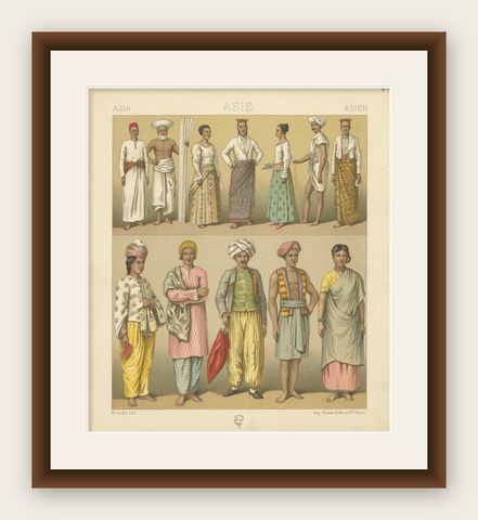 Pl. 38 Antique Print of Asian Clothing by Racinet, 'circa 1880', shown framed