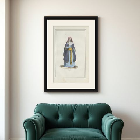 Russian Woman Costume Print, Antique Hand-Colored Lithograph, 1854, shown framed on a wall