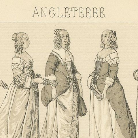 Pl. 158 Antique Print of English Dresses by Racinet, 'circa 1880', close-up 1